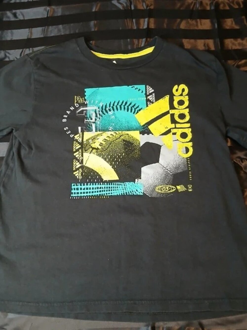 Adidas Boys Black Sports Graphic Tee Size 8 M Neon Yellow Logo
